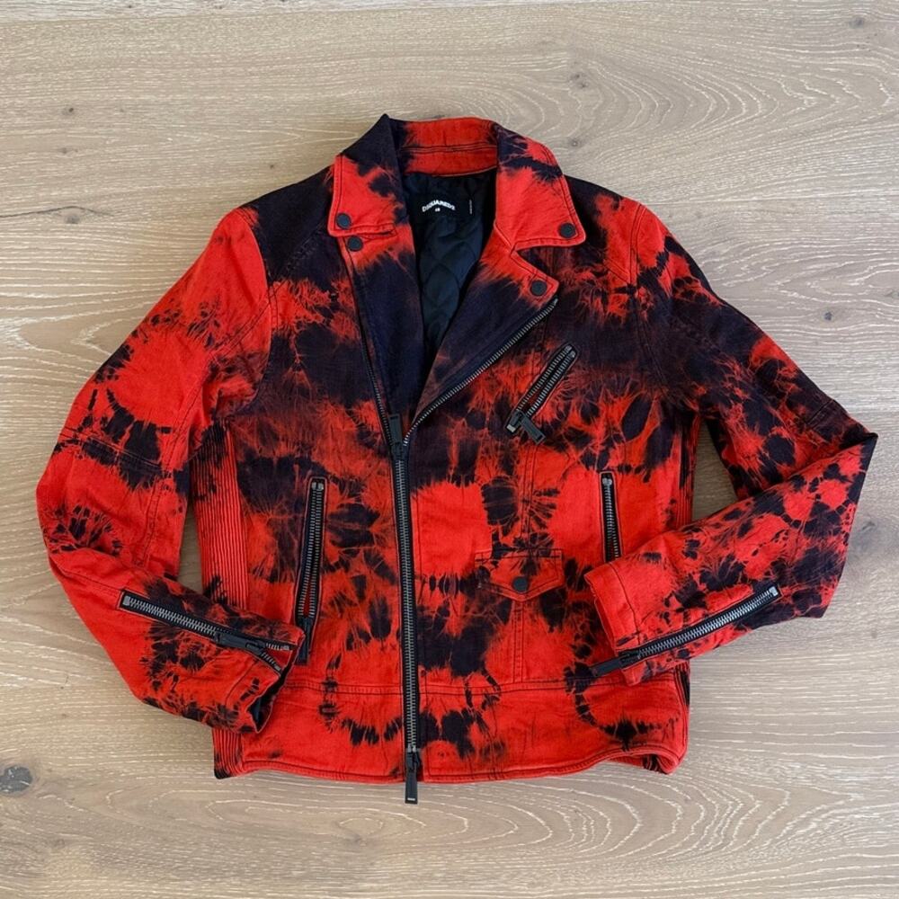 DSquared Men's Biker Tie Dye Jacket Size 48 Orange/Red Black